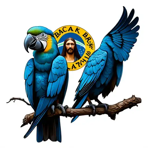hyacinth macaw blue birds, and make the Brazilian Jesus statue in the middle small and then layer a text on top saying  tattoo design idea