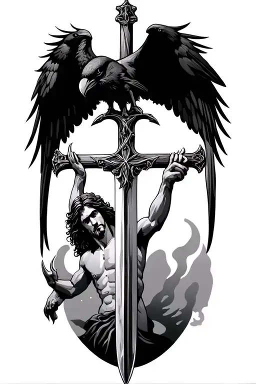 jesus on a sword cross, with crows wings and flying with claws no background tattoo design idea