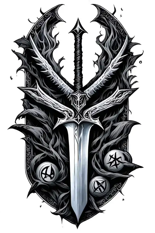 Witcher symbol from the books pierced by a sword and some witcher signs floating around tattoo design idea