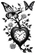 heart clock tree butterfly rose tattoo design idea