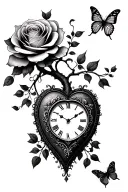 heart clock tree butterfly rose tattoo design idea