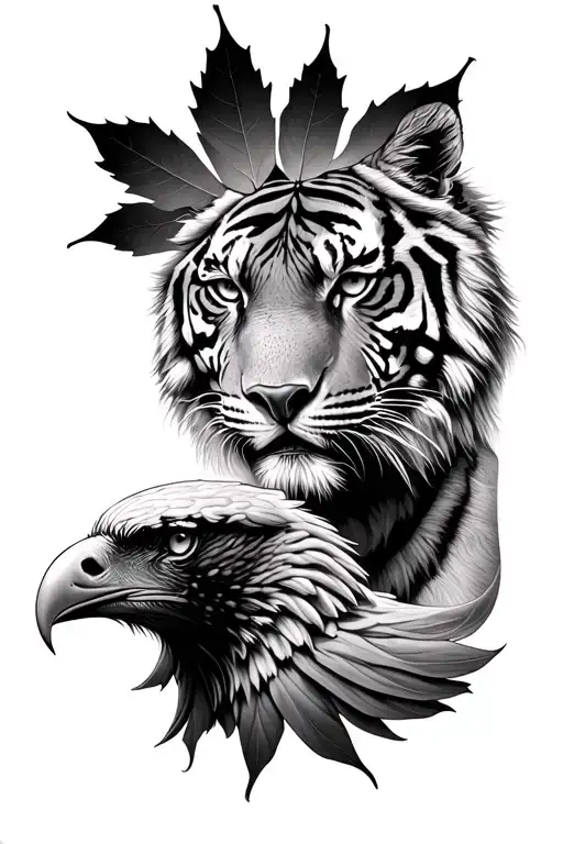 one half of a tigers face covered by a leaf transitioning to a bald eagle tattoo design idea