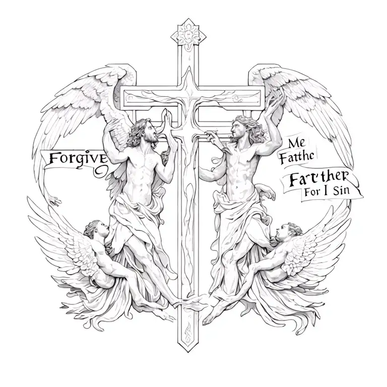A cross in the middle with angels on one side and demons on the other with the phrase "Forgive Me Father For I Sin"  tattoo design idea