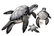 mama sea turtle And 3 young sea turtles either under fin or on top shell. on the Mama's shell plates include plumeria  tattoo design idea