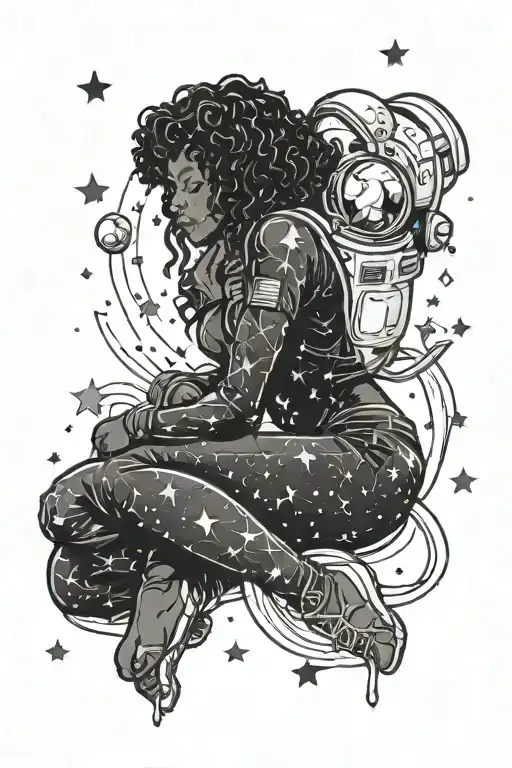 astronaut spooning a black woman made of stars, sexy tattoo design idea