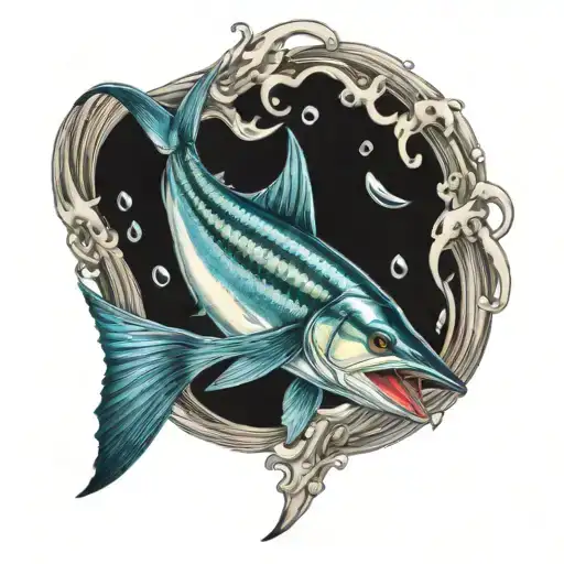 marlin ocean and lure surrounded by swirling waves tattoo design idea