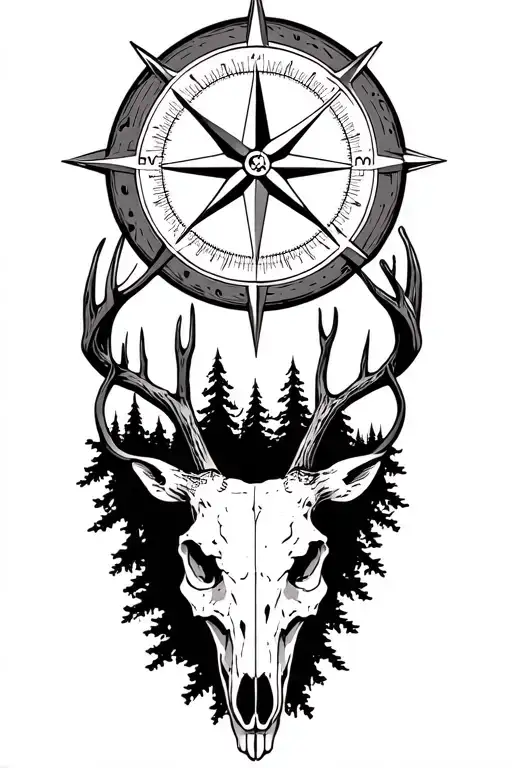detailed compass rose surrounded by deer skull and forest tattoo design idea