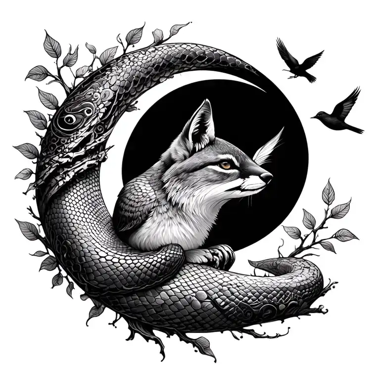 snake Unalome sleeping fox tree sparrow crescent moon surrounded tattoo design idea