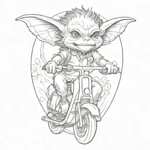 gremlin riding a scooter curly hair tattoo design idea