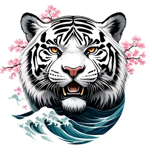 white japanese tiger surrounded with waves and sakura trees tattoo design idea
