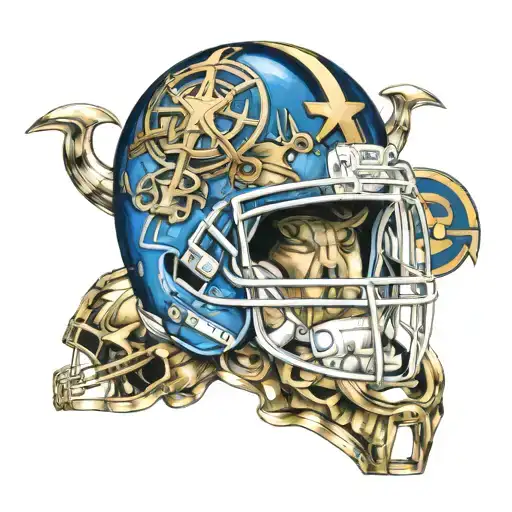 An abstract design incorporating elements of astrology and Notre Dame football, such as zodiac signs and football helmets, showcasing the client's diverse interests tattoo design idea