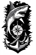 boat anchor and compass shark emerging tattoo design idea