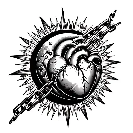 human heart chained within a sublime sun and moon inside tattoo design idea
