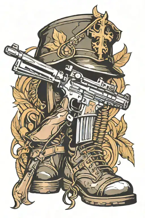 battlefield cross with gun, boots, and helmet  tattoo design idea