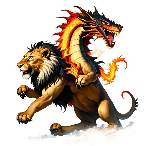 realistic lion fighting with a dragon in one hand and tattoo design idea