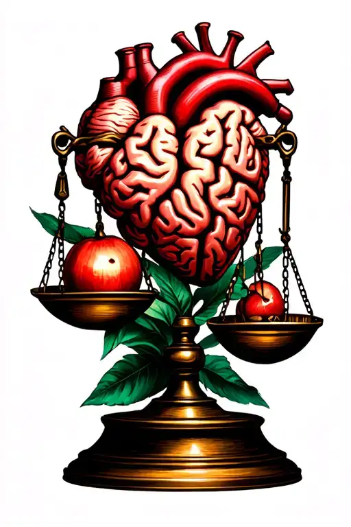 A tattoo design representing the balance between mind and heart: an old-fashioned scale with a brain on one side and a h tattoo design idea