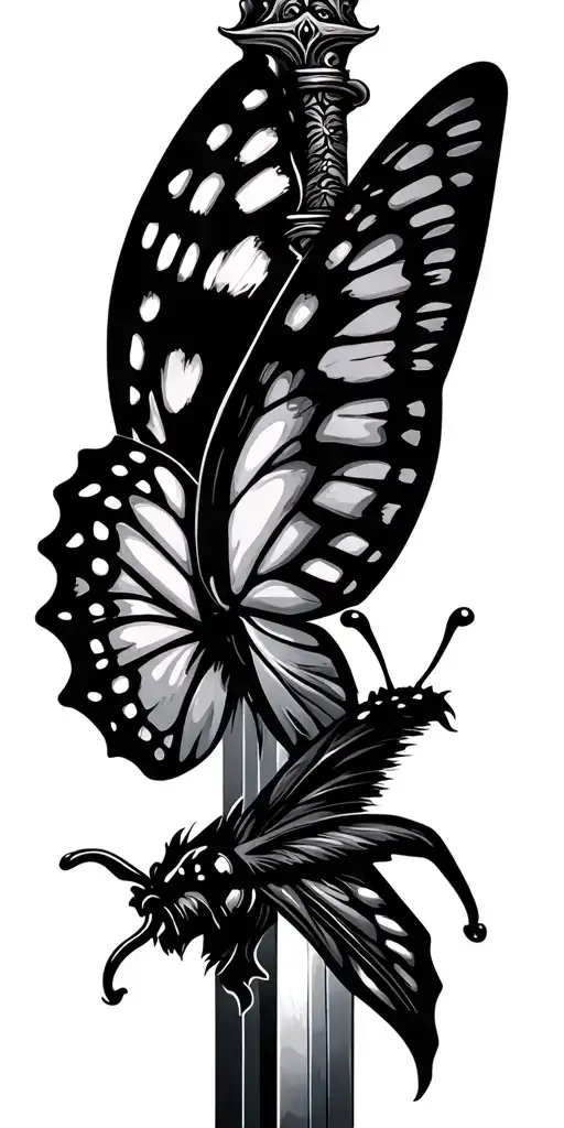 Butterfly that tried to land on sword cut in half  tattoo design idea