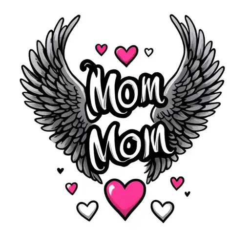 "Mom Mom" angel wings around name script font hearts tattoo design idea