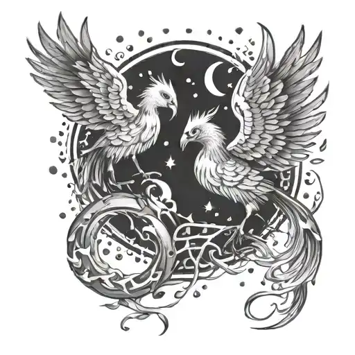 Two phoenixes look at the fireball tattoo design idea