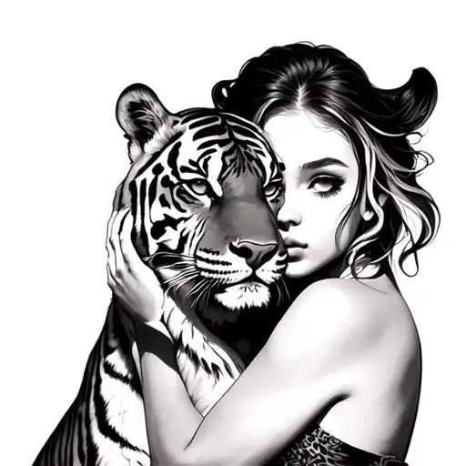 Black and white drawing Naked girl in an embrace with a tiger tattoo design idea