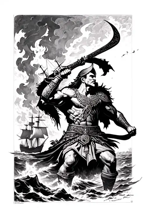 a warrior and some ships burning behind him so he has bo way to retreat either win or perish tattoo design idea
