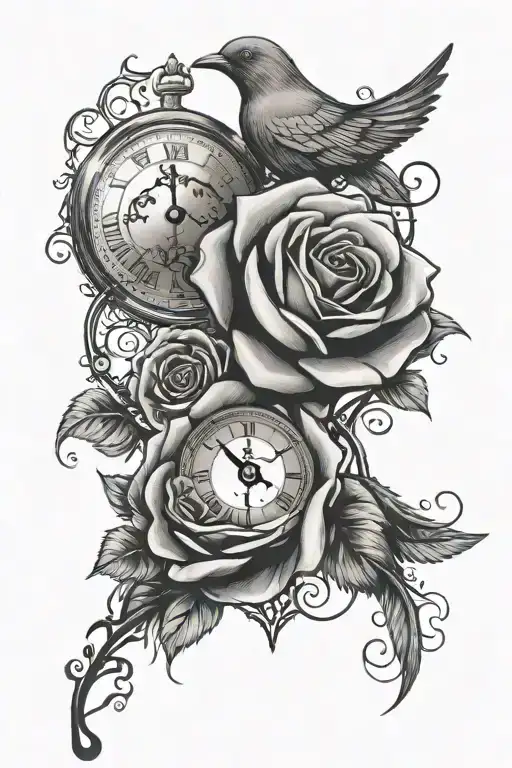 rose with a dove above it with a eye surrounded by a clock  tattoo design idea