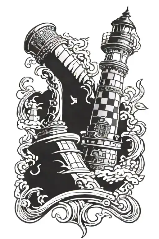 King chess piece hybrid with a lighthouse standing tall. Detailed light house brick chess piece shape tattoo design idea