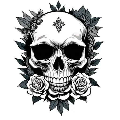 skull and roses to cover up a half sleeve Polynesian tattoo using blackout and white ink over the top tattoo design idea