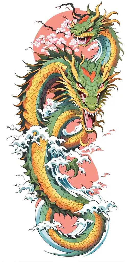 A fierce dragon emerging from the ocean waves with cherry blossom trees in the background tattoo design idea