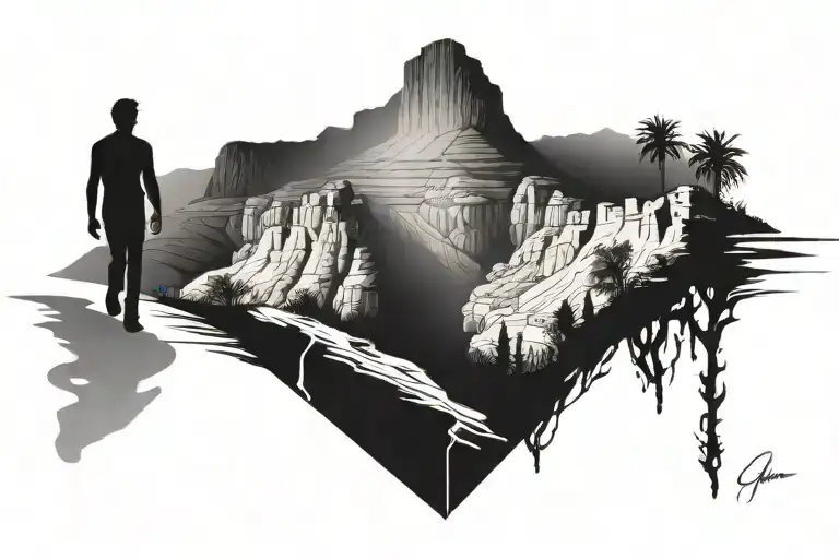 human silhouette walking away from table mountain tattoo design idea