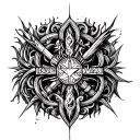 Half sleeve tattoo design combining tribal elements, the seven deadly sins, and the seven heavenly virtues tattoo design idea