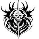 Half sleeve tattoo design combining tribal elements, the seven deadly sins, and the seven heavenly virtues tattoo design idea