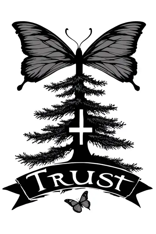pine tree and the little cross and butterfly and word trust tattoo design idea