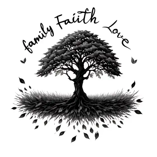 tree of life with leaves falling off 3 to be exact in mid air and the word family faith love around the tree outside cir tattoo design idea