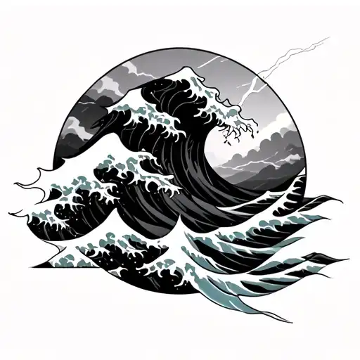Japanese waves with lightning  tattoo design idea