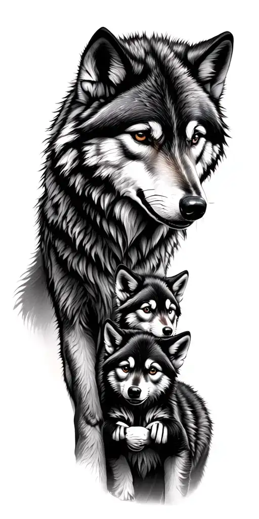 wolf family with 3 cubs playing tattoo design idea