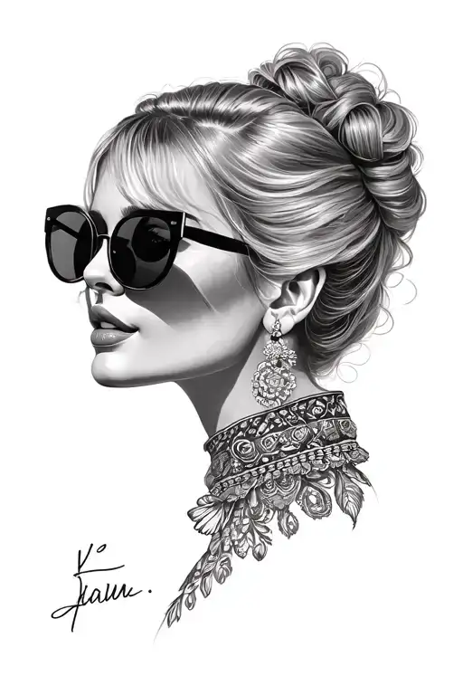 Lady Head wearing sunglasses looking back tattoo design idea