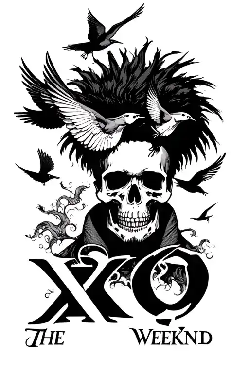The Weeknd XO Logo with Skull with Birds Flying  tattoo design idea