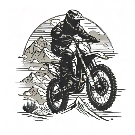 A detailed dirt bike silhouette jumping over a mountain range tattoo design idea