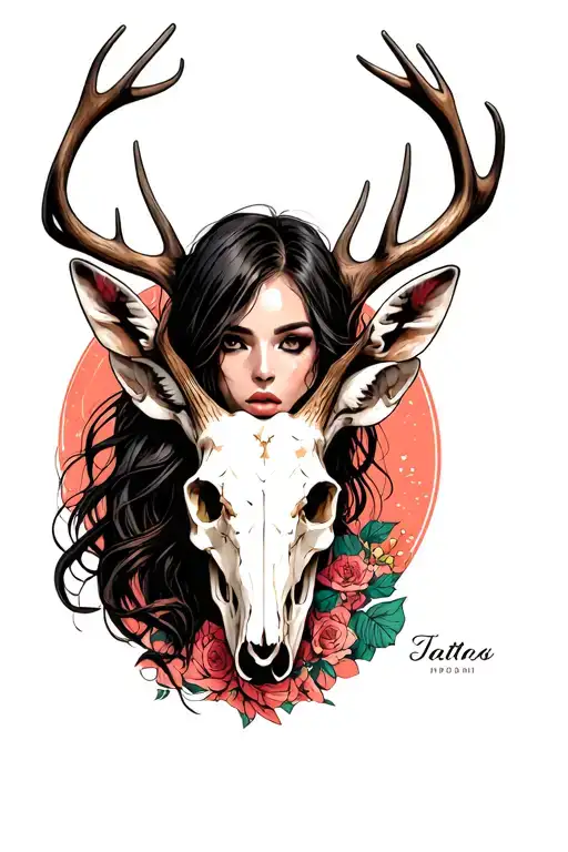 sexy woman with deer skull head tattoo design idea
