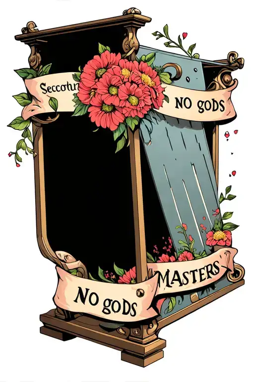 guillotine with flowers.  two banners the first reading "no gods" the second reading "no masters" tattoo design idea