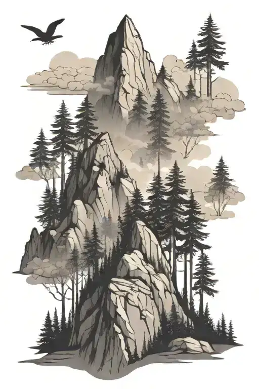 hiking in forest with trees and mountains  tattoo design idea