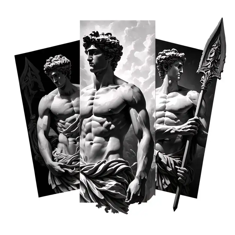 Adonis Greek god collage. maybe 2-3 different versions of Adonis. maybe one in statue form, one of him holding a spear tattoo design idea