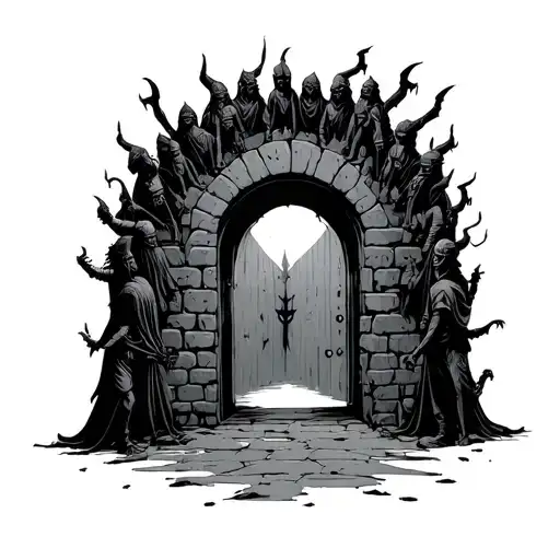a half-opened dungeon door with many dark figures around it tattoo design idea