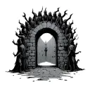a half-opened dungeon door with many dark figures around it tattoo design idea