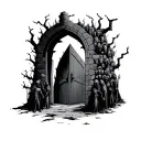 a half-opened dungeon door with many dark figures around it tattoo design idea