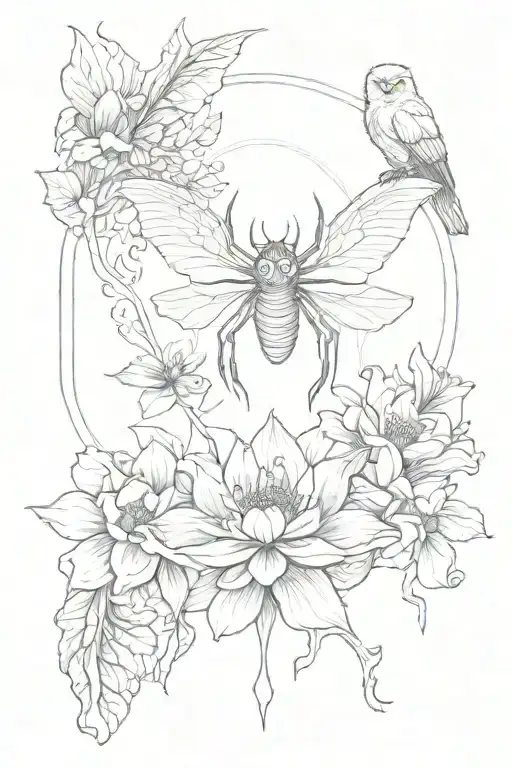 Spider, lotus, owl, book, satyr, crane tattoo design idea