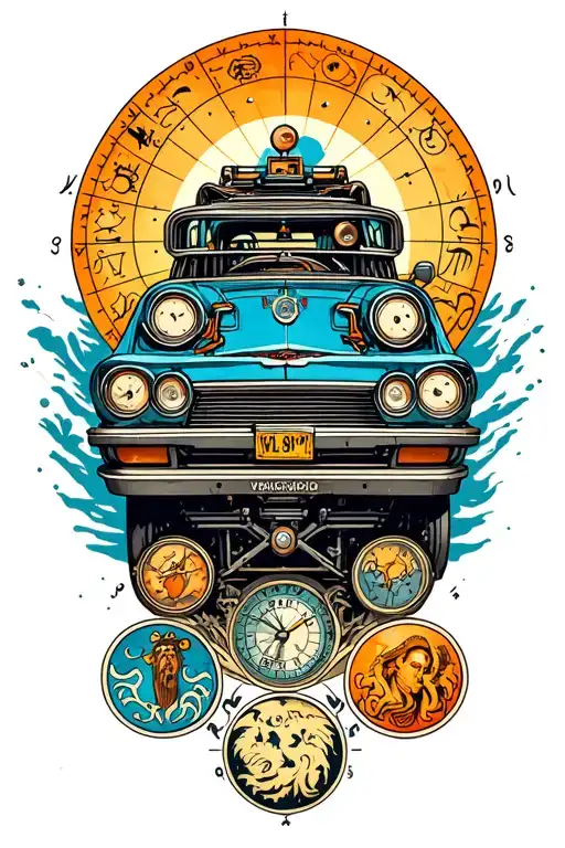 A tattoo of a classic futureristic time machine vehical surrounded by elements representing different zodiac signs tattoo design idea