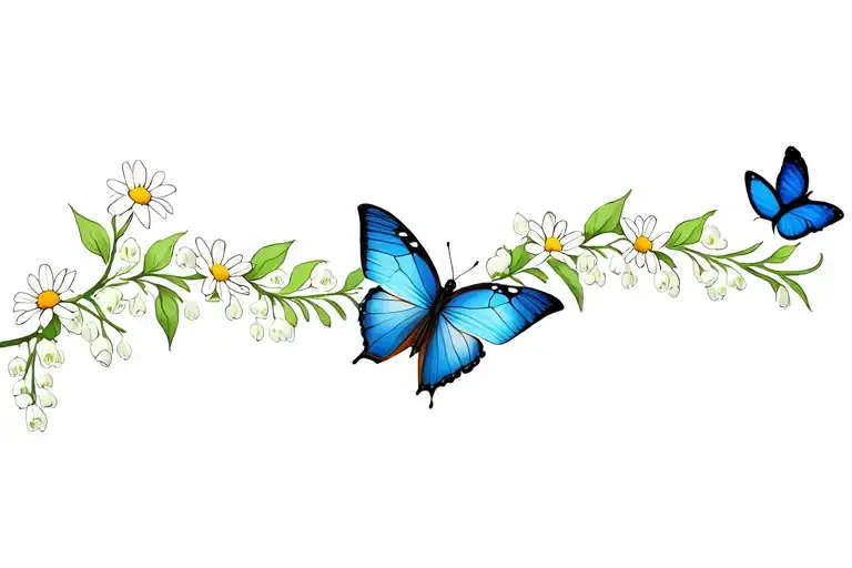 I want a minimalist flower vine with lily of the valley and daisys, I also want a few monarch and blue morpho butterflie tattoo design idea