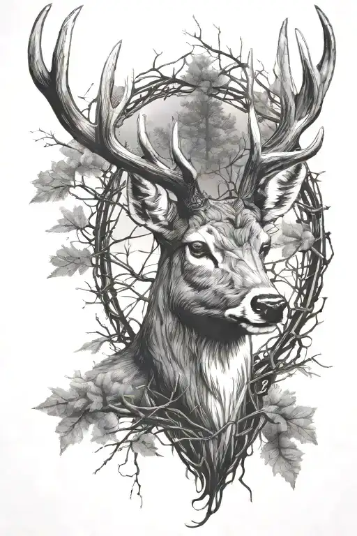 deer head with trees and barbed wire wrapped loosely tattoo design idea